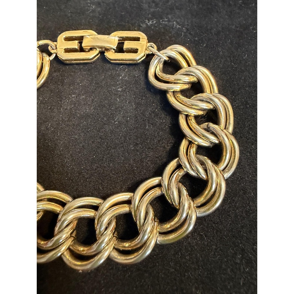 Vintage Givenchy Double Link Chain Bracelet Double G Logo Clasp Gold Plate 8"